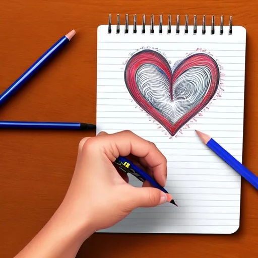 Prompt: A note pad with someone drawing an image. The image is of a heart (cartoon). There are writing utensils spread out like color pencils and crayons. The hand is of a child
