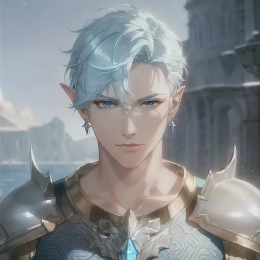 Prompt: male sea elf , light blue short hair, very handsome thin face, short hair, dnd, blue eyes , straight eyebrows, viking hairstyle, norse updo, viking updo, chainmail armor, earrings, holy emblem, 
perfect composition, photo realistic, super detailed, high quality, sharp focus, studio photo, intricate details, highly detailed