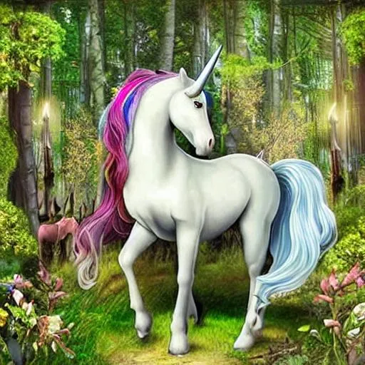 Prompt: Realistic unicorn in a magical forest, very detailed, intricate, masterpiece, stunning, romanticism, flowers
