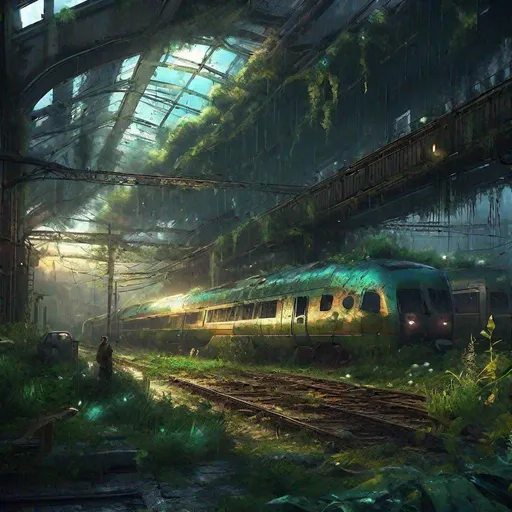 Prompt: post-apocalyptic cityscape, train terminal, the last of us style, bioluminescent green mutated fungi spreading like an infection on the land, trending on Artstation, overgrown, raining, flooding, hypermaximalist, highly detailed and intricately designed, digital painting, golden hour, stormy skies, light rays through clouds, light pillars, cinematic style, perfect composition, aspect ratio 3:2, full shot, dramatic lighting, reflections