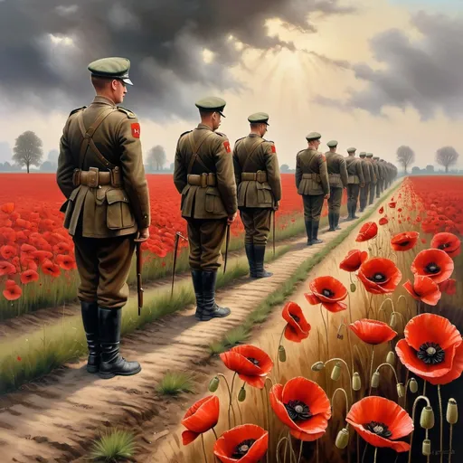 Prompt: War graves in Belgium and Holland, soldiers paying respects, fields of red poppies, somber atmosphere, realistic oil painting, high detail, respectful tribute, solemn moment, historical homage, traditional art style, muted earth tones, soft natural lighting