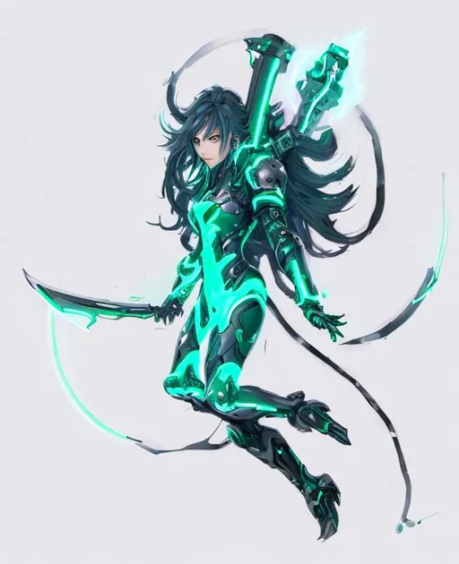 Prompt: female, long silver and green glowing hair, wearing black gloves, green and black scifi armor, ULTRAKILL Xenoblade 2 , conceptart , scifi sword, mechanical halo