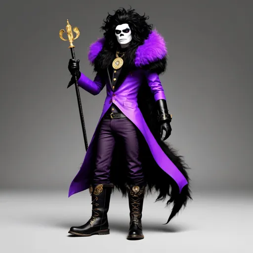 Prompt: Homestuck. Kurloz Makara. Fullbody view, plain background. Met gala, high quality render. High fashion. gray skin. Dark Carnival. Big fluffy black hair. Purple accents. Bones. Skull makeup. Fur lined boots