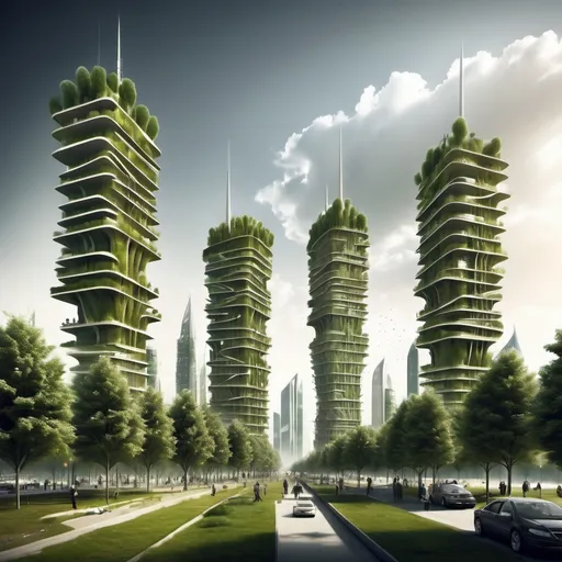 Prompt: future cities and towers modern filled with trees and recycle