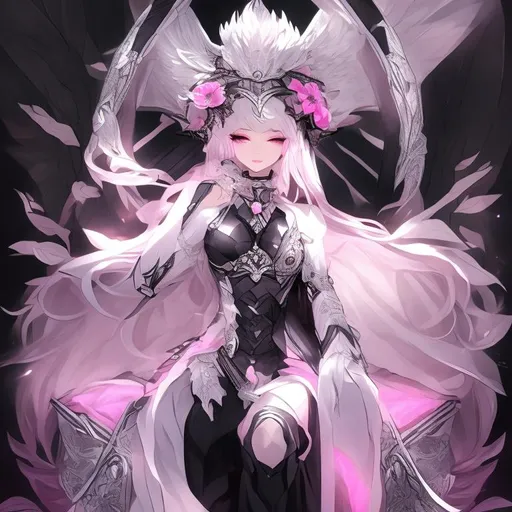 Prompt: highly detailed 4k UHD anime goddess Nordic black and pink armor details cell shade pallet. having dark shade as a raven as flowers.
