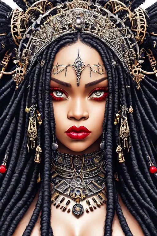 Prompt: symmetrical, close-up beautiful detailed portrait (((((rihanna with an angry frown and aggressive expression on her face))))), long voluminous detailed dreadlocks lavishly decorated with steel, beautiful, intricate, magical, sacred, grim frightening goddess of death and destruction, black red metal steel navy colors, steel texture, (death-influence), divine chaos engine, symbolist, visionary, art nouveau, sci-fi gothic fractal structures, Tsutomu Nihei's illustration depicting intricate biopunk mask by Kris Kuksi, by Alex Grey by Alphonso Mucha  by Abbott Handerson Thayer, 