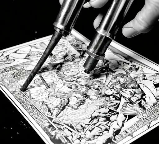 Prompt: a bolt of magic being stamped, style Larry Elmores, make me a black and white artwork, HEROQUEST, 90S FANTASY, 90S, comic, illustration