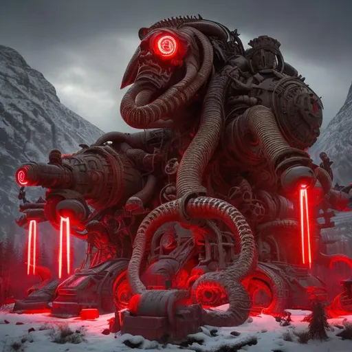 Prompt: Soviet Russia, military, soldiers, snow, mountains, biological mechanical war machine, eyes, teeth, snakes, red lights, red neon lighting, dark fantasy art style, propaganda, giant monuments, statue