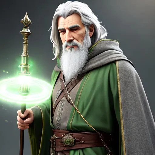 Prompt: Male wizard, grey hair, elderly, intricate, cloth, green robes, belts and pouches, heroic, staff, full body, high detail, atmospheric, realism, photographic, award winning, volumetric lighting, 3D render, cry engine, apocalyptic, 