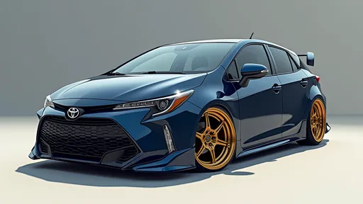 Prompt: 3D designs of vehicles. 2025 Toyota matrix, midnight blue,  gold bronze rims, white brake calipers, kodachrome