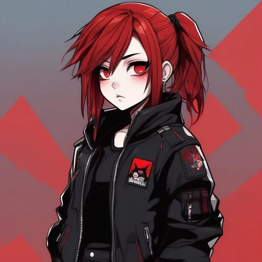 Prompt: Chibi Anime Style, young adult female, wearing jet black punk style jacket, with short blood-red hair, blue eyes, black track pants, and red background with black undertones.