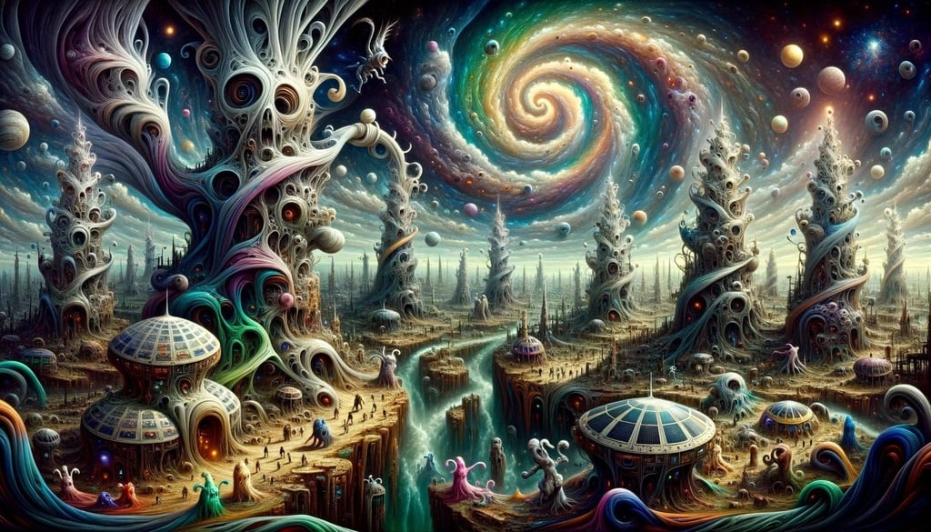 Prompt: Photo of dreadful dark fantasy art, showcasing a landscape dominated by towering, twisted structures, all painted in swirling colors. Amidst the structures, there are solar-powered machines indicative of spacesolarpunk. Creatures with surrealistic humorous features roam the streets. The sky above is a vast pictorial space, filled with mysterious realistic celestial bodies. In the distance, a spiral group of ethereal beings dances, casting mesmerizing patterns of light and shadow.