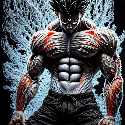Prompt: 64K masterpiece intricate hyperdetailed breathtaking 3D glowing black oil painting medium portrait of son goku, black trousers, intricate hyperdetailed muscular body, intricate hyperdetailed muscles, glowing white light reflection on the muscles, hyperdetailed intricate hard standing glowing hair, hyperdetailed glowing angry white eyes, detailed face, white glowing muscles, white glowing body, tan glowing skin, semi-polaroid monochrome photography, hyperdetailed complex, character concept, hyperdetailed intricate glowing shining glamorous colored water drop floating in the air, very angry, intricate glowing light reflection, intricate hyperdetailed glowing iridescent reflection, strong glowing white light on the hair, contrast white head light, hyperdetailed very strong colored shadowing very strong colored muscle shadow, professional award-winning photography, maximalist photo illustration 64k, resolution High Res intricately detailed, impressionist painting, yellow color splash, illustration, key visual, panoramic, cinematic, masterfully crafted, 8k resolution, stunning, ultra detailed, expressive, hypermaximalist, UHD, HDR, UHD render, 3D render, 64K, hyperdetailed intricate watercolor mix oil painting on the body, Toriyama Akira colored cyberpunk 2077 city skline backround