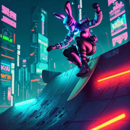 Prompt: military girl in bunny suit and mask surfing on sloped walls, cyberpunk, amazing details, digital art, cinematic lighting, neon lights, futuristic, character design,