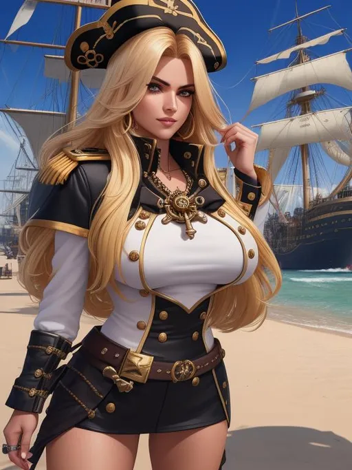 Prompt: ombre gold tinged hair, pirate captain, girl, daunting, intimidating, serious, cruel smile, mole under eye, docked futuristic galleon ship in background, bodacious, mole on body, fullbody, ((full body)) {{good looking}} {{cute}} {{good body}} {{tight}}, symmetrically colored hair, {{shadows}},
