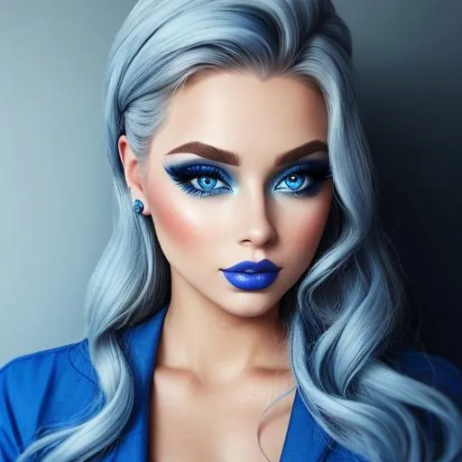 Prompt: A woman all in blue, blue eyes, pretty makeup