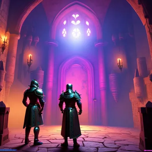 Prompt: Knight, in a castle talking to the king, Purple light coming from the windows, high-res