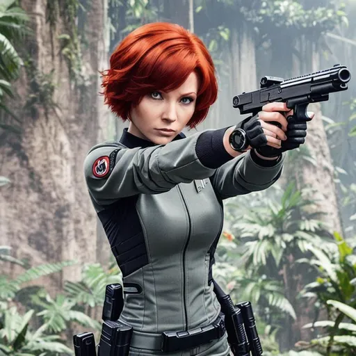 Prompt: A short red hair woman wearing an adjusted sci Fi grey outfit is pointing a gun with both hands at the jungle 