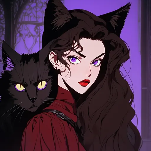 Prompt: fair skin tone, moody background, beautiful woman, innocent, hot, long dark brown hair, purple eyes, dark red lips, gothic, victorian,  vacant stare, cat ears, cat tail, dynamic pose, detailed facial features, dark lighting, 90s anime, 80s anime, anime screencap, cartoon, 2d art, romance novel cover, anime art style, castlevania anime, beserk anime