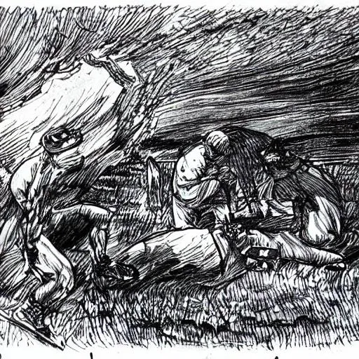 Prompt: A dark stormy night in an old graveyard. Tombstones on a battlefield. A pen and ink study for a Caravaggio painting