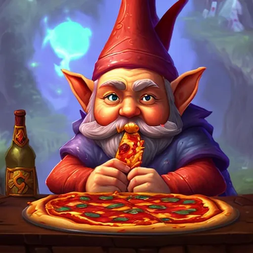 Prompt: world of warcraft gnome eating pizza