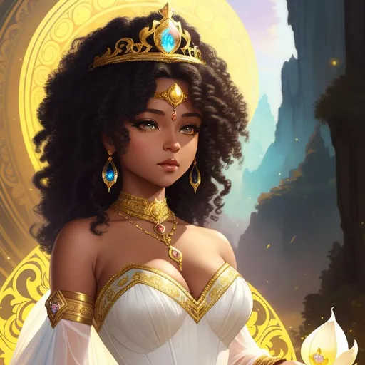 Prompt: splash art of a cute halfling female with dark skin and silver curly hair,curly hair, golden eyes, in the style of an oil painting, bright  colors, dreamy, white ball gown , black dress, diamond crown, queen attire, diamond jewelry on neck, by Ilya Kuvshinov and Alphonse Mucha, ,  lotus flower, orchid flower, pastel colors, dreamy, in a dynamic pose, soft light, in watercolor style,