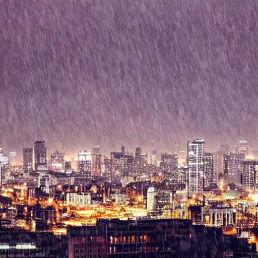 Prompt: View of an city skyline from afar while it's raining 