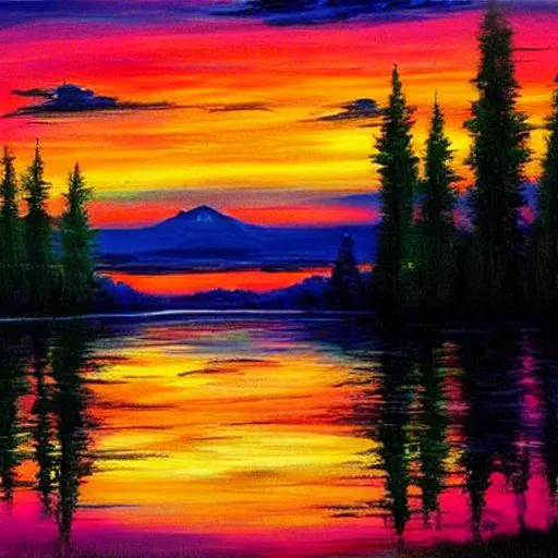 Prompt: sunset over a lake, brilliant colors Bob Ross style