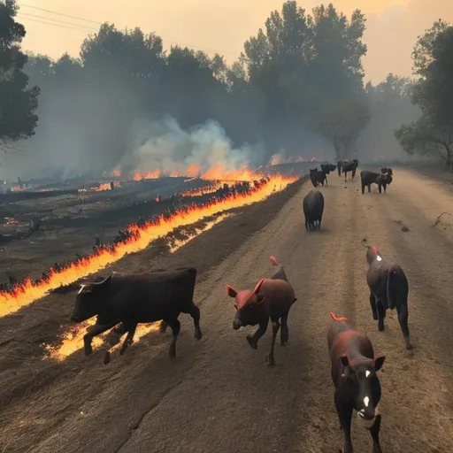 Prompt: animals fleeing the farm while the farm is on fire