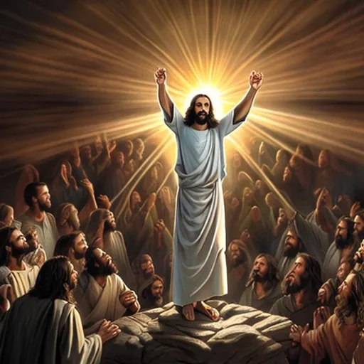 Prompt: Jesus standing with arms outstretched in all glory and power, light within darkness, photorealistic