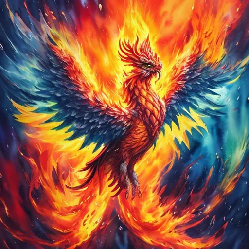 Prompt: Wet watercolor painting of epic Phoenix bursting out of flame, ethereal, majestic, light patel color palette