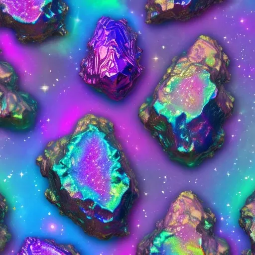 Prompt: Holographic geodes in outer space in the style of Lisa frank