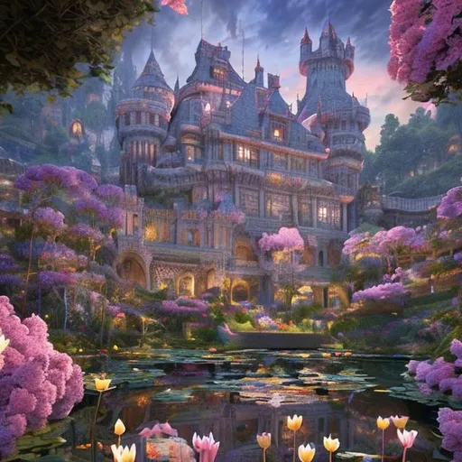 Prompt: a castle with a pond in front of it, phone wallpaper. intricate, hyperrealistic fantasy art, the grand temple of flowers, on amino, an ai generated image, arcadia, exquisite painting, nymphaea, stunning drawing