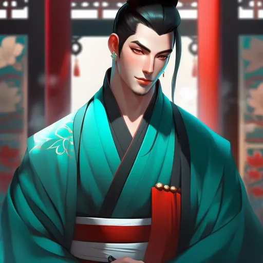 Prompt: A portrait of a human male monk. Pale skin. Red Eyes. Socialite Ponytail. black hair. Fit body. Teal kimono. Menancing and calm expression.. Character Design art. Concept Art. Digital Art. 4k HD. Trending on artstation. 