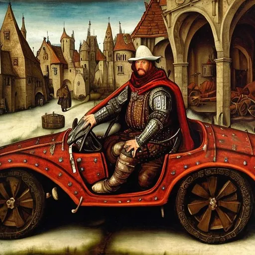 Prompt: Medieval merchant driving a sportscar, dressed in velvet and brocate, oil painting, 16th century, realistic, in the style of Lucas Cranach