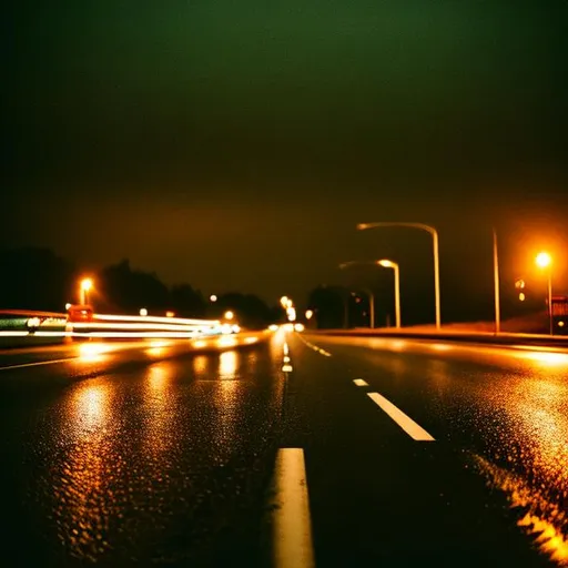 Prompt: Vintage 35 mm 
, Photo of an empty road in dark earlier morning, heavy rain, 