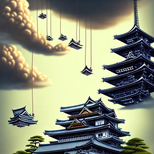 Prompt: Haboku artwork of a team of people wearing peace necklaces climbing the roof of a Japanese castle, highly detailed, cinematic lighting, retro-futuristic, vivid colors, overcast, beams of sunlight shining through the clouds