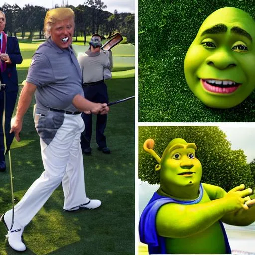 Prompt: Shrek, handsome, golfing, with Donald Trump, raining, scary aliens, alien invasion, alien abduction, dissection