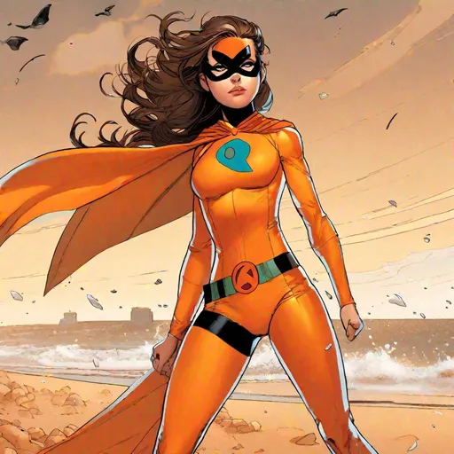Prompt: A young superhero girl in Orange spandex and a face covered with a Robin mask. She wears a brown mantel. She commands sand. A beach in background. Tornado os sands around her. Dc art, marvel art, comics art. Marvel comics art. DC comics art. Comics art. 2d art. 2d. 