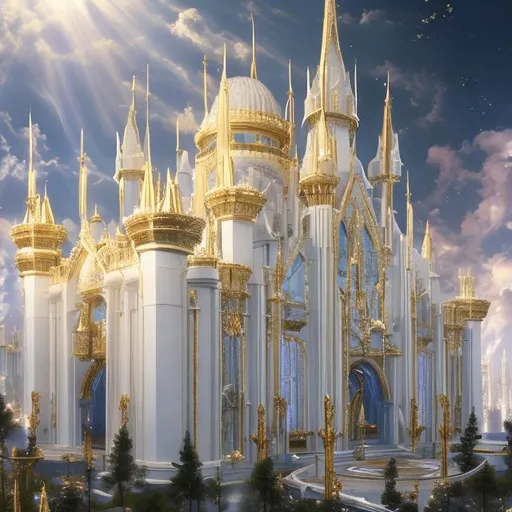 Prompt: A huge heavenly castle that is white and gold 
