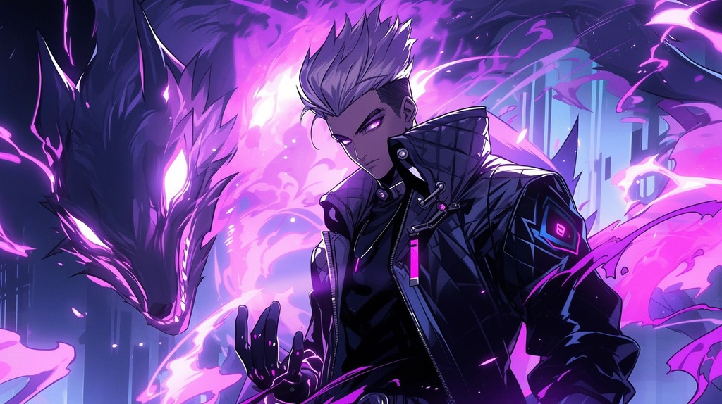 Prompt: a feminine adult man with an purple undercut haircut, blue eyes, summoning a purple Kitsune with electric glow. His jacket is black leather open showing a ripped shirt, black gloves, In a dynamic pose, surrounded by a glowing purple electrical aura. The man has an electric aura surrounding him as he commands the lightning fox --upbeta --niji 5 --ar 16:9