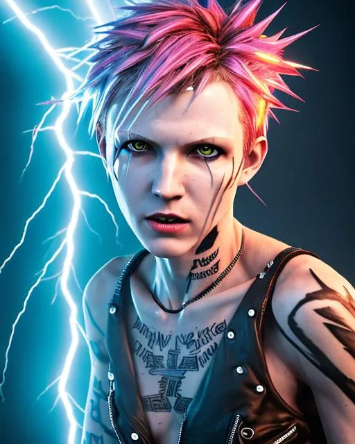 Prompt: Lightning bolt transforms into a 19-year-old slender human female androgynous punk who attacks with lightning bolts,  photorealistic, fine details, cinematic, volumetric light, ray traced, highly detailed, 4k