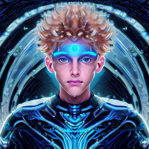 Prompt: intricate Art deco metal boy kid, sparkling blue eyes, blonde hair, metal, color, dimples, ornate, intricate, flowing, neon, led, fractals, hyper-detailed, 64K, UHD, HDR, unreal engine, vivid colors