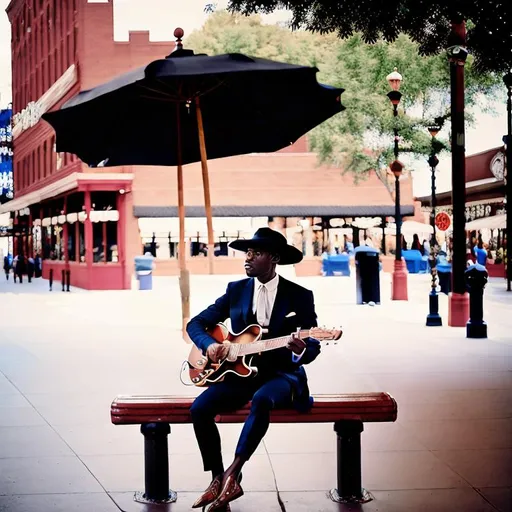 Prompt: BLACK MAN PLAYING BLUES GUITAR IN SUIT AND TIE WITH STRAW HAT SITTING ON BENCH ON BEALE STREET IN THE 1930S WITH A GRITTY VINTAGE FEEL