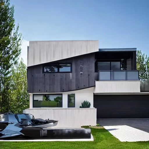 Prompt: a modern house with two floors, contemporary, black, gray, woody, psina, car in the garage
