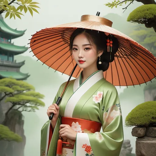 Prompt: an illustration of a woman with a hat and umbrella in chinese traditional dress, in the style of soft and dreamy depictions, 32k uhd, mori kei, narrative diptychs, fawncore, romantic ruins, light green and light brown --ar 75:98 --stylize 750 --v 6