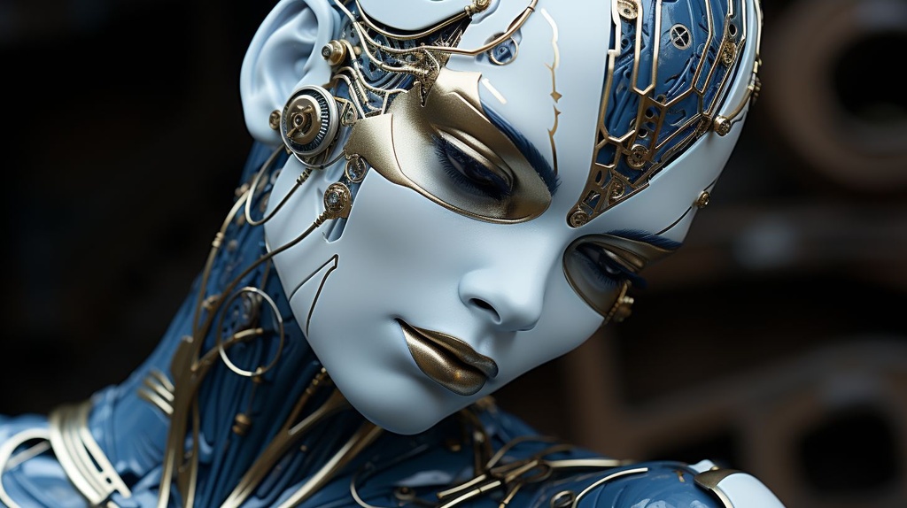 Prompt: an android woman with an abstract design is drawn into its skin, in the style of detailed facial features, dark silver and dark blue, computer-aided manufacturing, made of insects, intense close-ups, precisionist lines, human connections