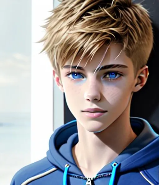 Prompt: Concept art, digital brush, Beautiful young teen boy, (16 year old kid) (messy hair)+ ((hair covering eye))++ emo cut, lightbrownhair boy, hair, sharp gaze, blue eyes, innocent, boy model, 16 years old, hot, pretty, cute, hoodie zipper, cinematic lighting, blue sky, bright colors, blue, green, yellow, white,  luminous, hyperdetailed, great composition, professional, artstation award, (white background)++ 