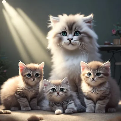 Prompt:  realistic fluffy very cute and eyes calm lighting, highly detailed, fluffy, adorable, beautiful, soft dramatic lighting, light shafts, radiant, ultra high quality render, realistic background, full body mama cat with baby kittens nursing and paws 