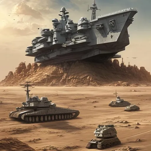 Prompt: aircraft carrier, sandcrawler, long, huge, massive, land ship, battle tank, tank tracks, desert, scifi, futuristic